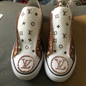 Brown canvas custom designed bling brown and tan sneakers